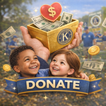 Alt text: Photorealistic square donation icon showing two smiling children looking up at a hand holding a gold donation box filled with U.S. dollar bills. A red heart with a dollar symbol rises from the box, and gold coins appear around it. A blue banner at the bottom reads “Donate,” representing financial support for children through the Kiwanis Club.