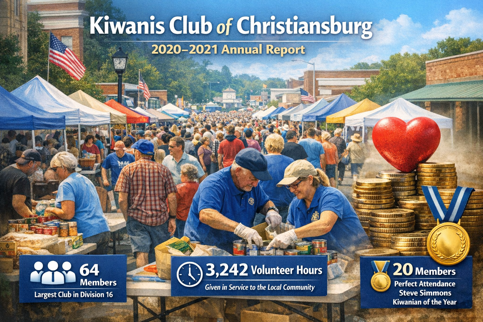 Photorealistic featured image for the Kiwanis Club of Christiansburg 2020–2021 Annual Report, showing a large outdoor community festival with tents and crowds, volunteers sorting and packing food donations, and symbolic imagery of stacked coins with a heart and a medal, alongside key statistics including 64 members, 3,242 volunteer hours, and 20 members with perfect attendance.