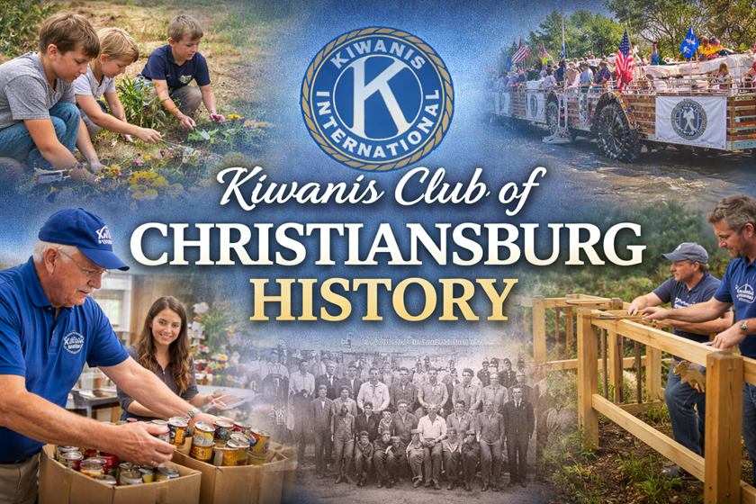 Kiwanis Club of Christiansburg History banner featuring the Kiwanis International logo over a collage of community service scenes—volunteers helping children, a parade float, a food donation activity, and a community build—alongside a vintage black-and-white group photo and the title “Kiwanis Club of Christiansburg History.”
