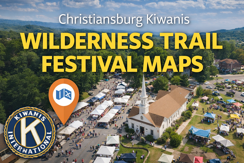**Alt Text:** Photorealistic aerial banner showing downtown Christiansburg during the Kiwanis Wilderness Trail Festival, with rows of vendor tents, crowds of visitors, and a church and town square visible among the surrounding Appalachian hills. Overlaid text reads “Christiansburg Kiwanis Wilderness Trail Festival Maps,” accompanied by the Kiwanis International logo and a map location icon, indicating a page providing maps and navigation for the festival grounds.