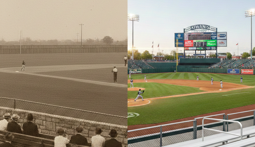 A split-screen widescreen image illustrating the evolution of Kiwanis Park. On the left: A sepia-toned, vintage scene from the 1920s showing a simple, open baseball field. Instead of a grandstand, the background features an open landscape with a biplane flying overhead and a classic wooden "Kiwanis Field" scoreboard. In the foreground, spectators in period-appropriate attire and fedoras sit on modest wooden bleachers. On the right: A vibrant, modern-day version of the park. The field is professionally manicured with lush green grass and bright white chalk lines. A modern electronic scoreboard with the "Kiwanis" name stands in the distance. The seating consists of contemporary aluminum bleachers, and a drone flies through the clear blue sky, highlighting the leap in technology and style over the decades.