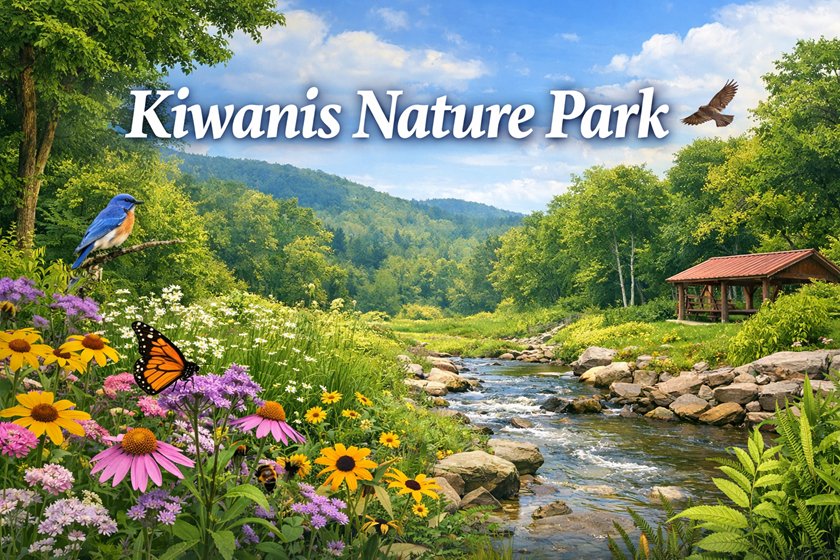 Photorealistic banner for the Kiwanis Nature Park showing a flowering pollinator garden with butterflies and native wildflowers beside a clear stream, a picnic shelter in the distance, and forested hills beyond. The image represents the community nature park being developed by the Kiwanis Club of Christiansburg along Walnut Branch.