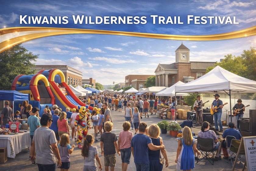 Photorealistic banner of the Kiwanis Wilderness Trail Festival showing a lively downtown Christiansburg street filled with families walking between vendor tents under a blue sky. At left, children play on a large inflatable slide while a colorful clown greets visitors. At right, a live band performs under a white canopy tent. In the background, the town hall clock tower rises above the crowd. A “Kiwanis Wilderness Trail Festival” title spans the top of the image.